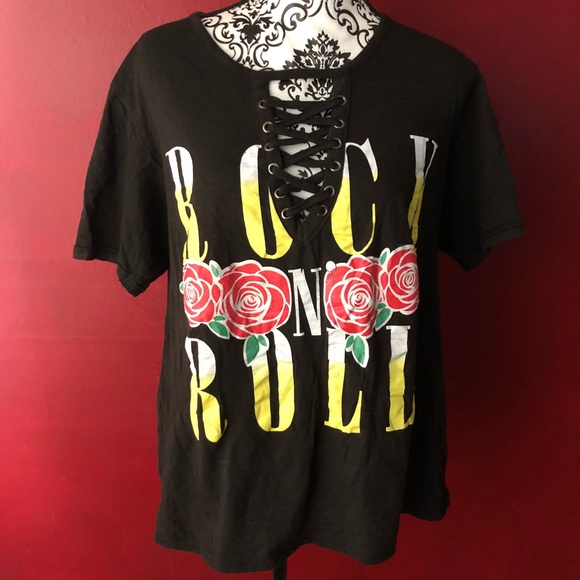 on fire Tops - XL Rock N Roll Retro 80s Lace Up Rocker Tee Shirt